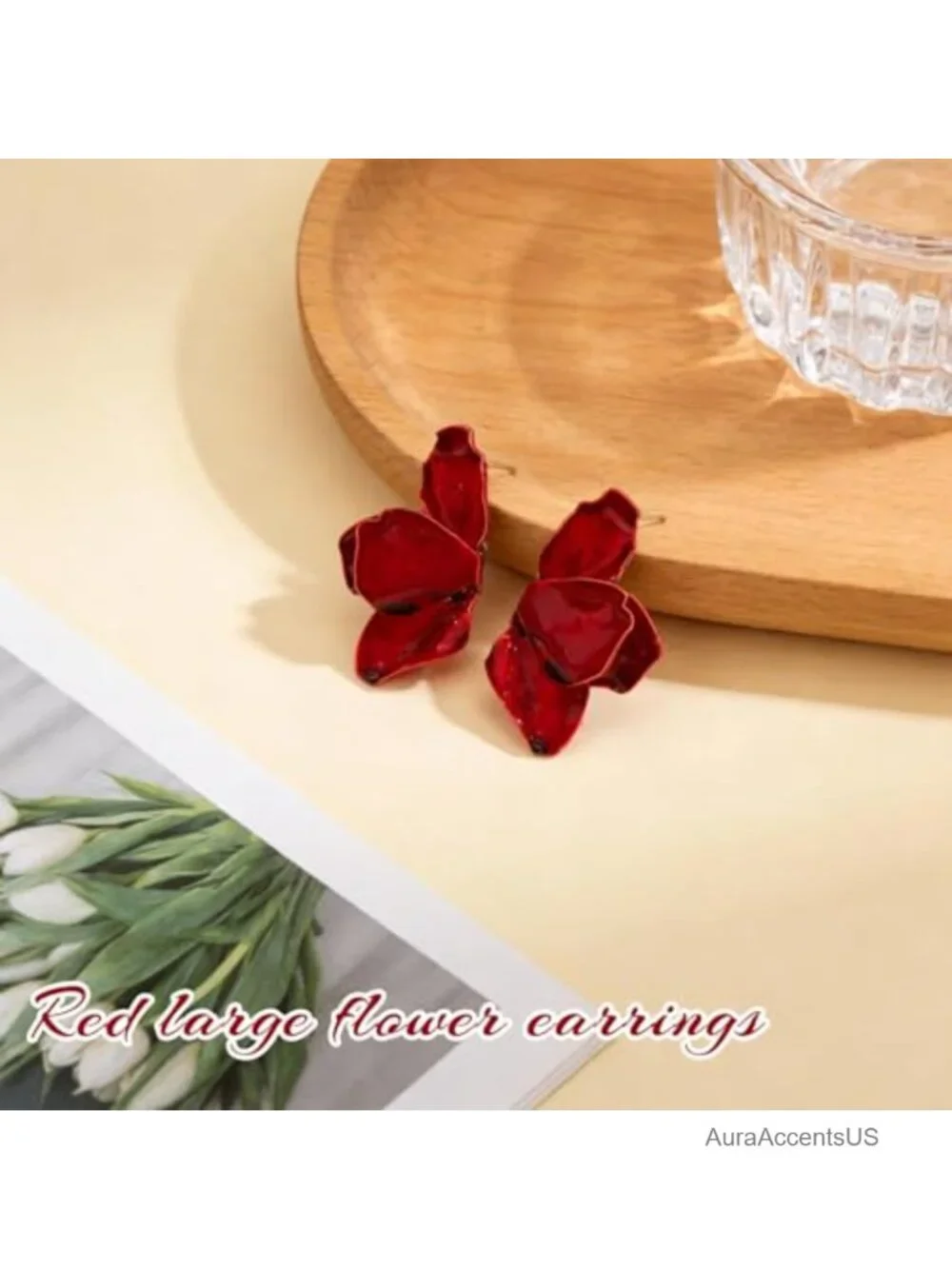 Red Floral Dangle Earrings, Bohemian Statement Petal Drop Earrings, Lightweight
